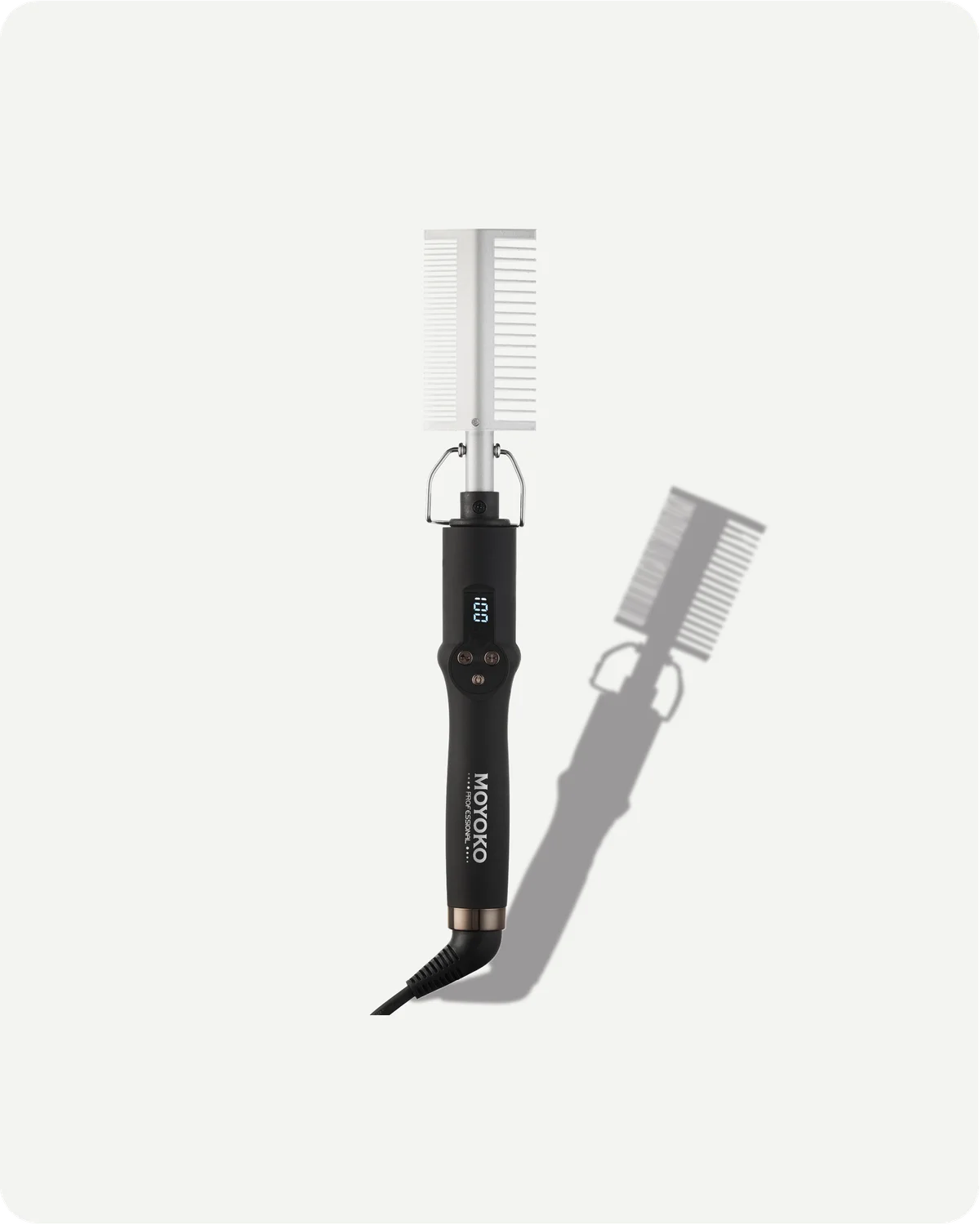 Hair styling tool with comb attachment on a white background