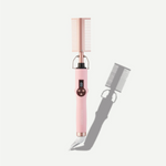 Pink hair straightening iron comb with digital display on a white background