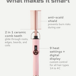 Pink hair hot comb straightener with features highlighted on a white background