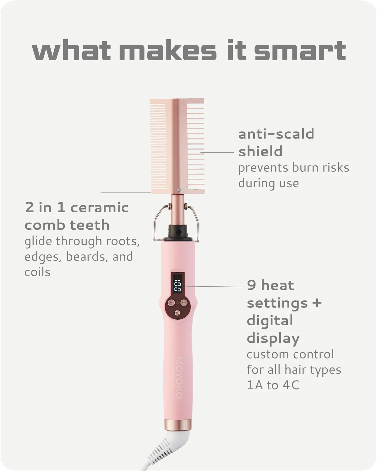 Pink hair hot comb straightener with features highlighted on a white background