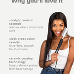 Woman using a hair straightening tool with text highlighting features on a light gray background