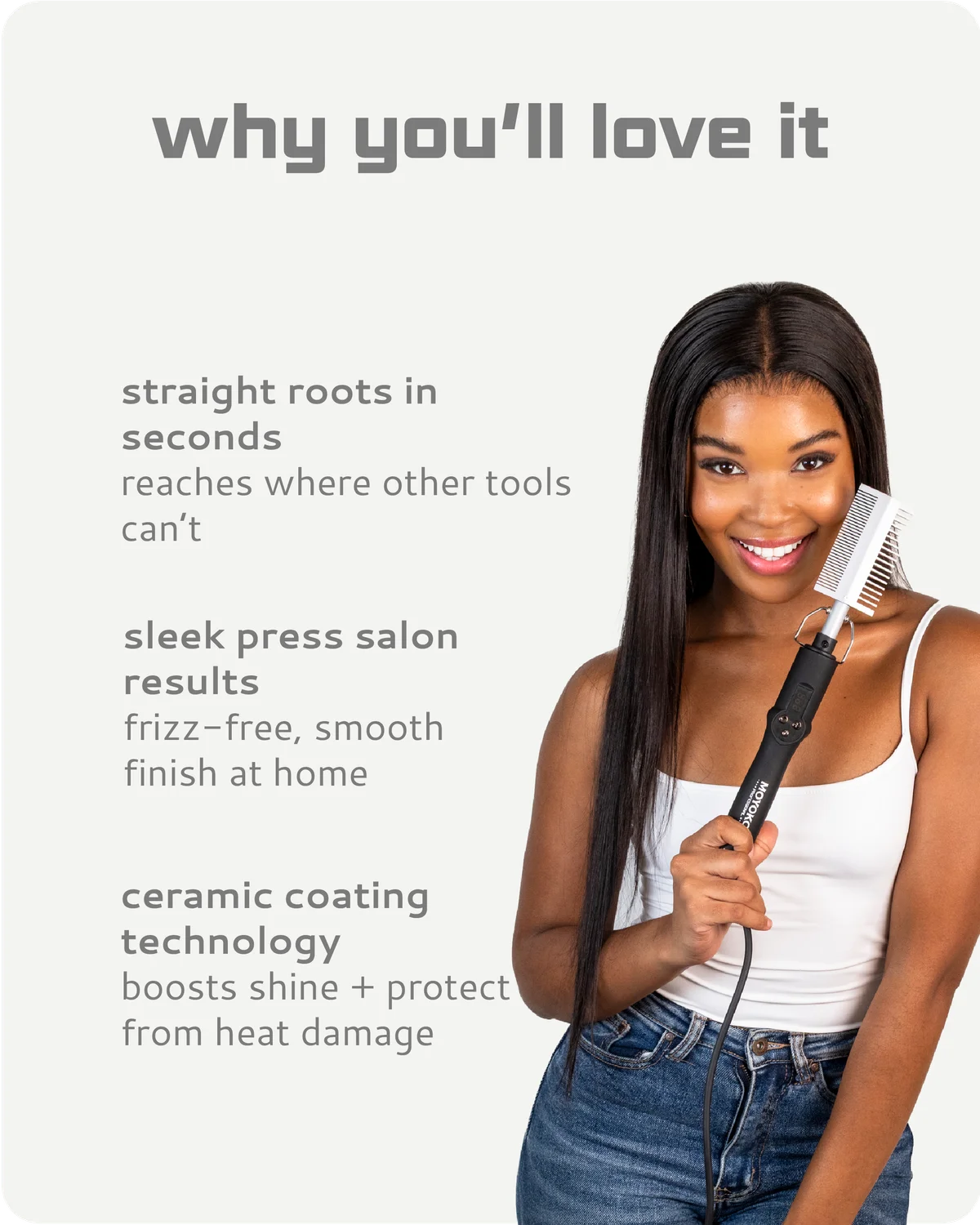 Woman using a hair straightening tool with text highlighting features on a light gray background