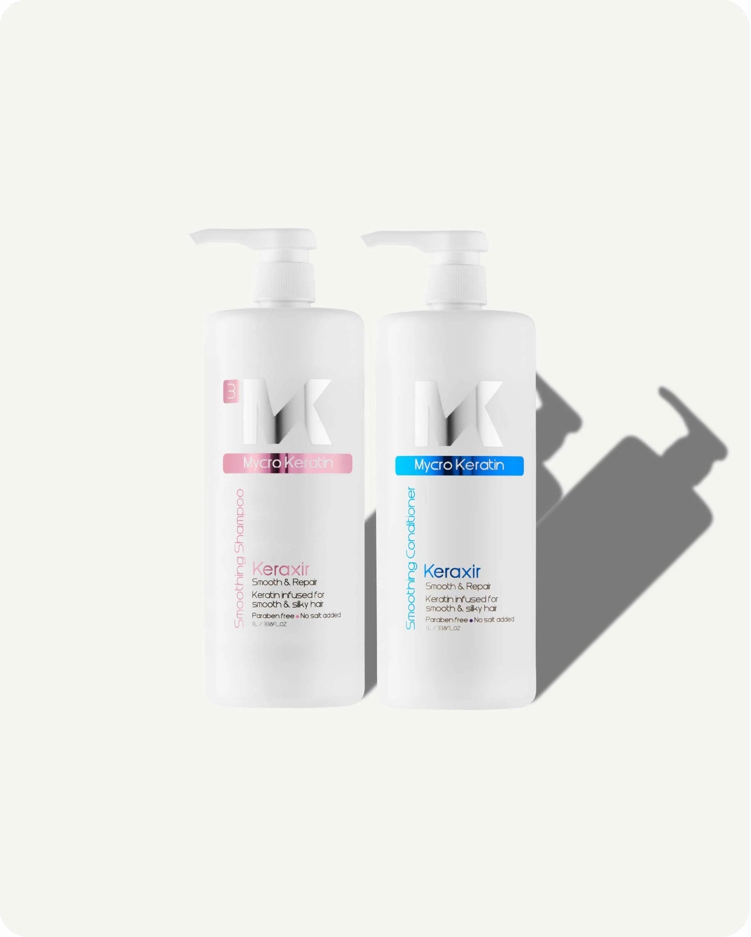 Two white pump bottles of Keraxir haircare products on a light gray background, one with a pink label and one with a blue label.