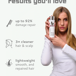 Woman holding a bottle of keraxir shampoo with text about product benefits on a white background