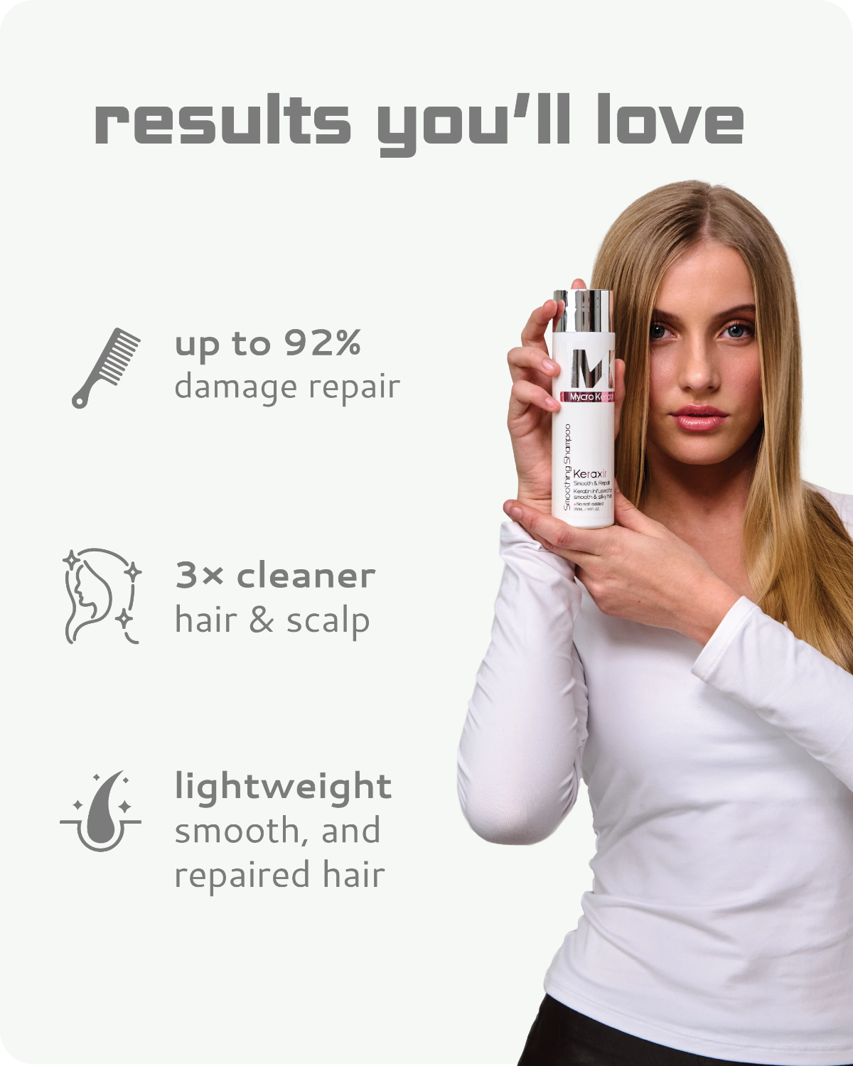 Woman holding a bottle of keraxir shampoo with text about product benefits on a white background