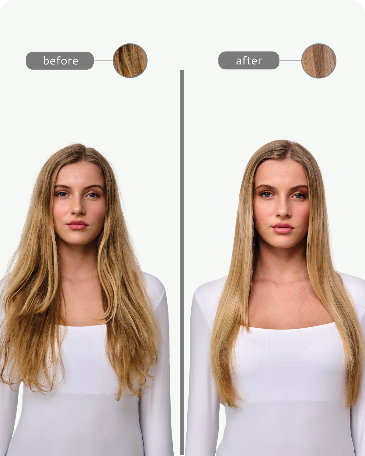 Before and after comparison of a woman with long blonde hair, wearing a white top.