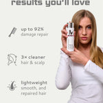 A woman in a white long-sleeve top holds a white hair repair bottle with a silver cap against a light beige background. The left side features marketing text reading 'results you'll love' with icons for damage repair, cleaner hair and scalp, and lightweight smooth repaired hair.