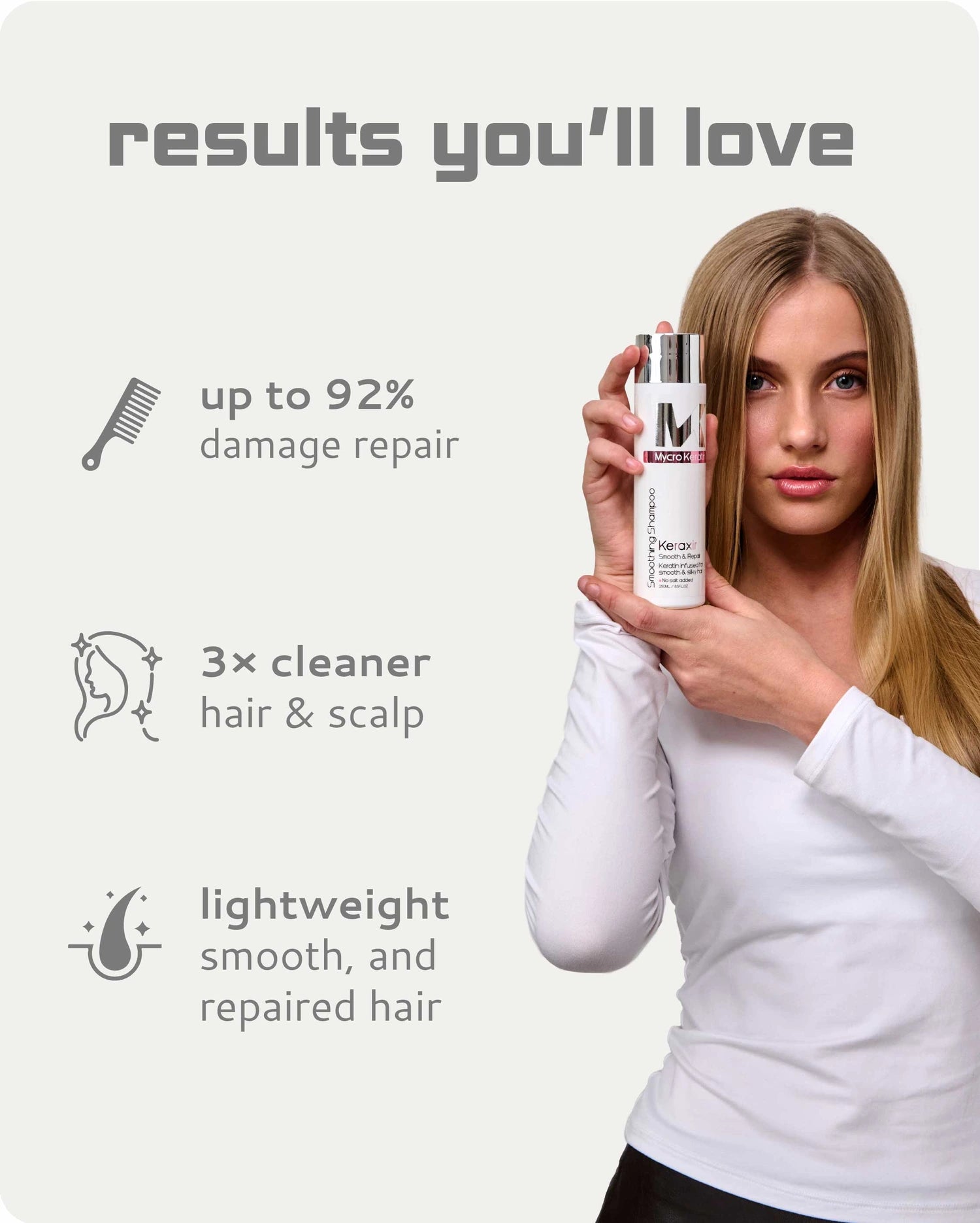 A woman in a white long-sleeve top holds a white hair repair bottle with a silver cap against a light beige background. The left side features marketing text reading 'results you'll love' with icons for damage repair, cleaner hair and scalp, and lightweight smooth repaired hair.