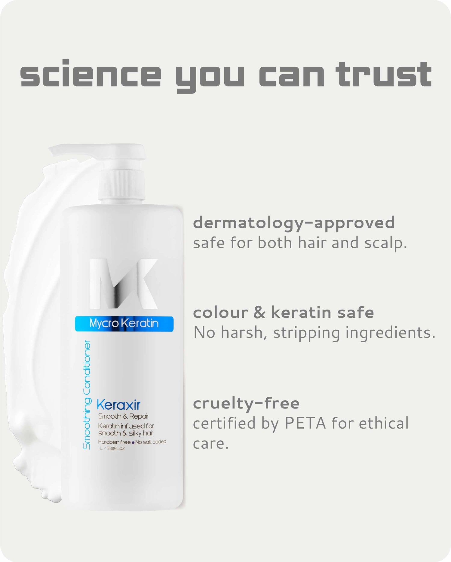 A bottle of Keraxir conditioner by Mycro Keratin shown on a light gray background with marketing text highlighting dermatology approval, safety for hair and scalp, and cruelty-free certification.