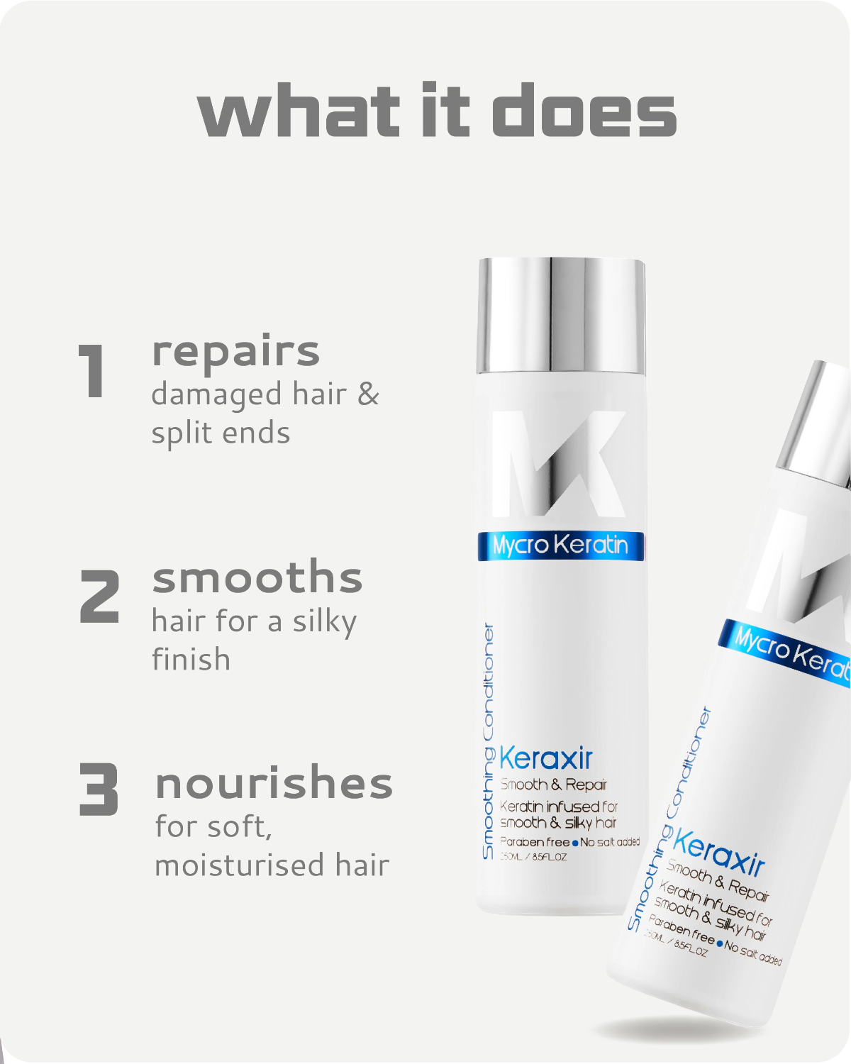Keraxir hair care product with features listed on a white background