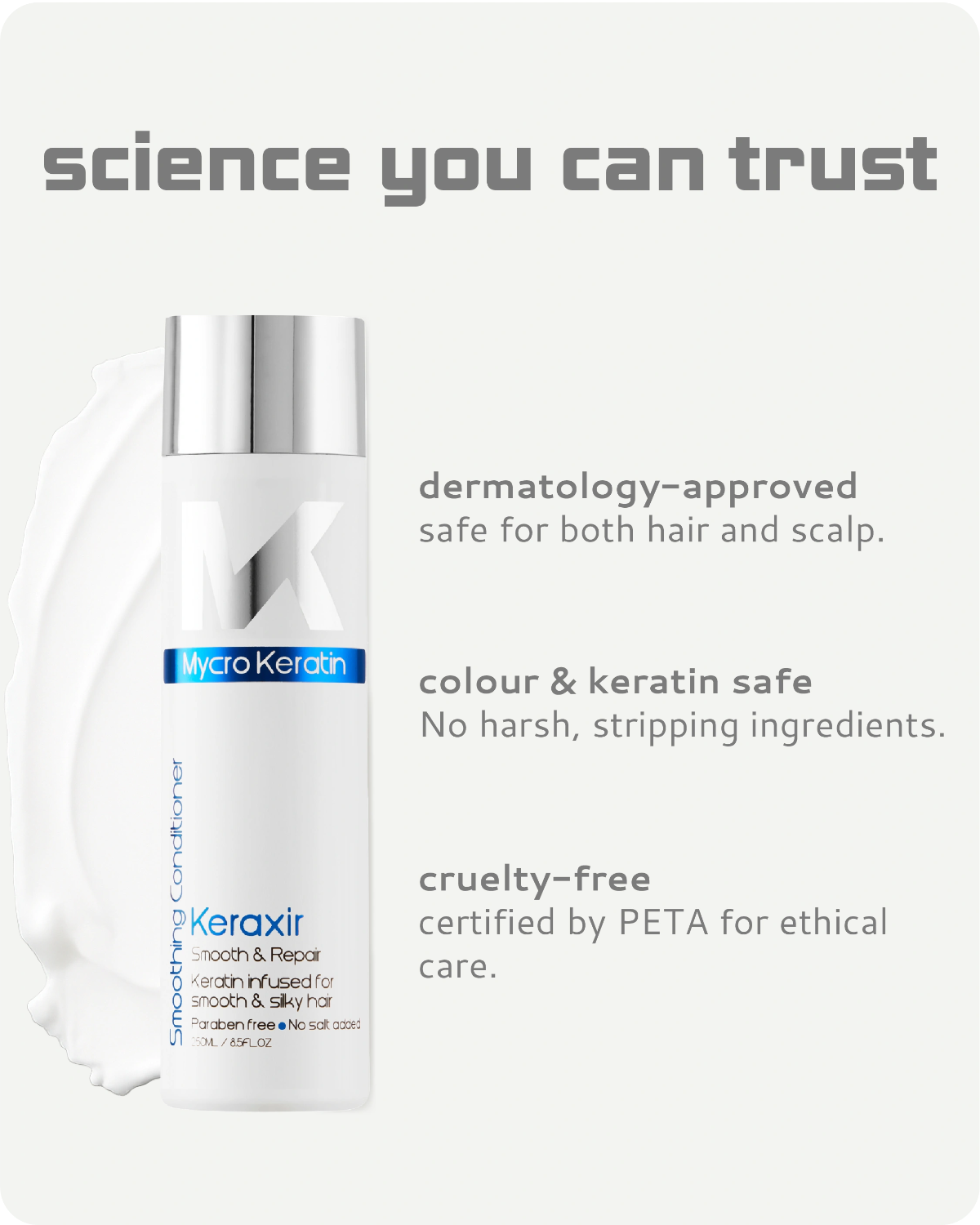 Keraxir hair care product with branding and certification text on a white background