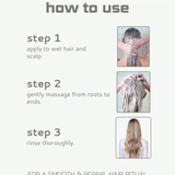 Instructions on how to use a keraxir shampoo with step-by-step guidance and images.