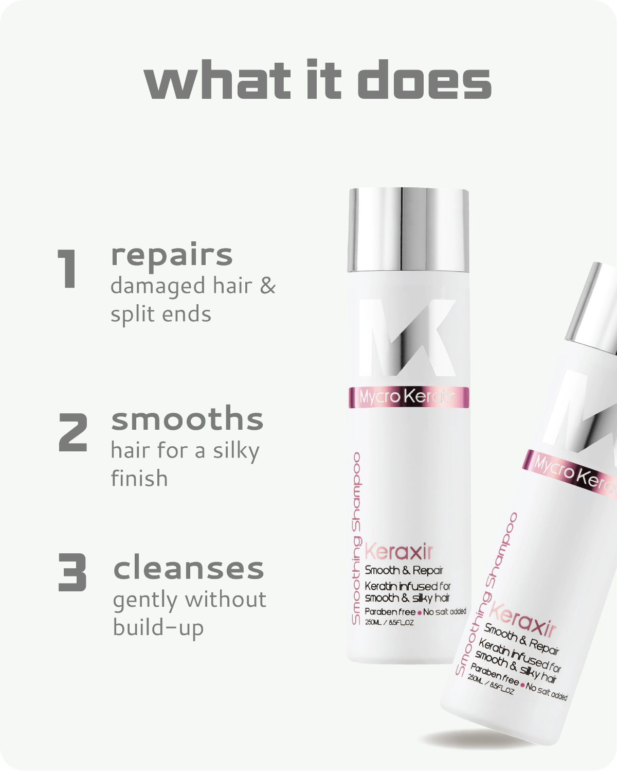 Keratin hair care products with benefits listed on a white background