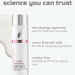 Keratin-infused hair care product with branding and text on a white background