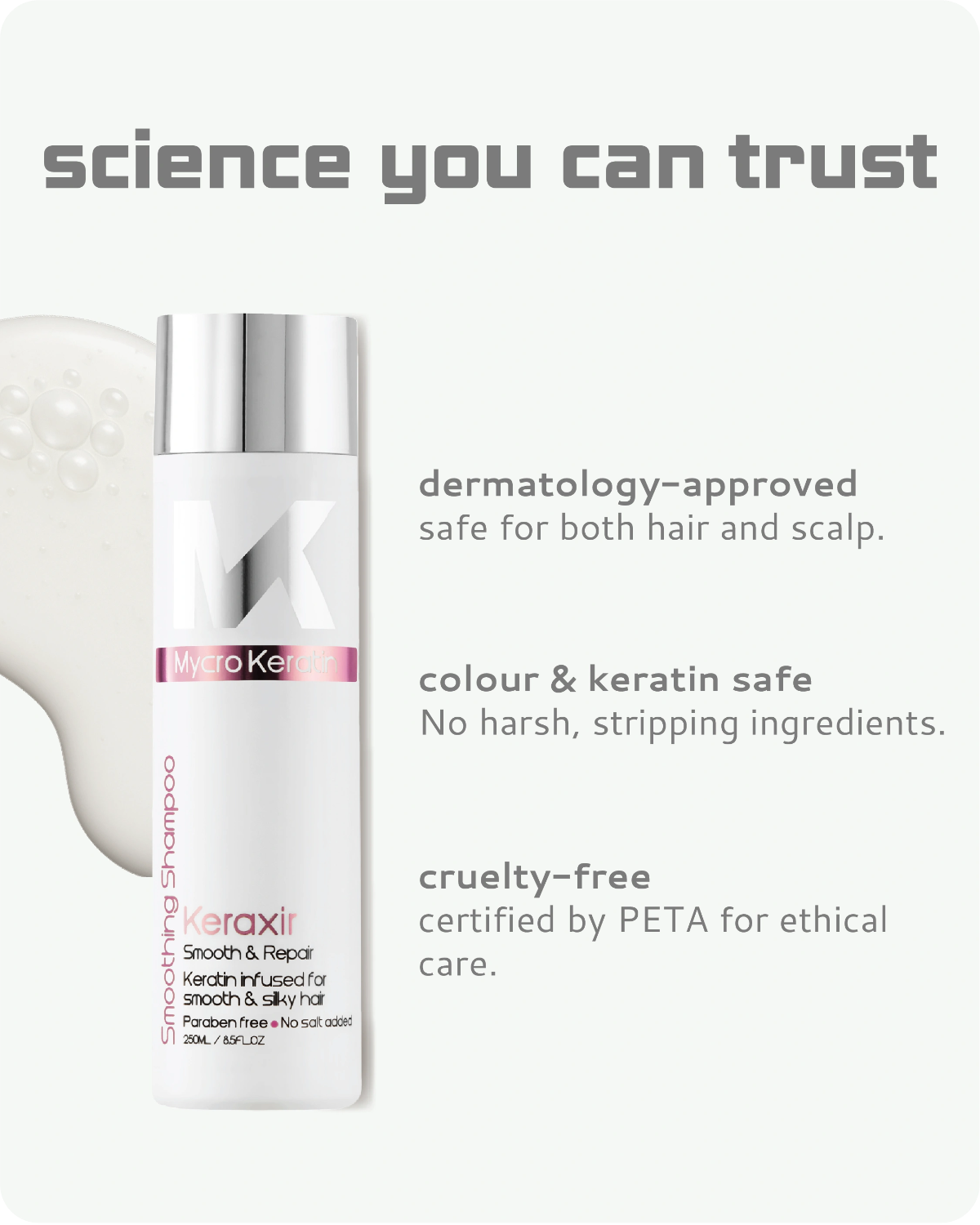 Keratin-infused hair care product with branding and text on a white background