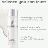 Keratin-infused hair care product with branding and text on a white background