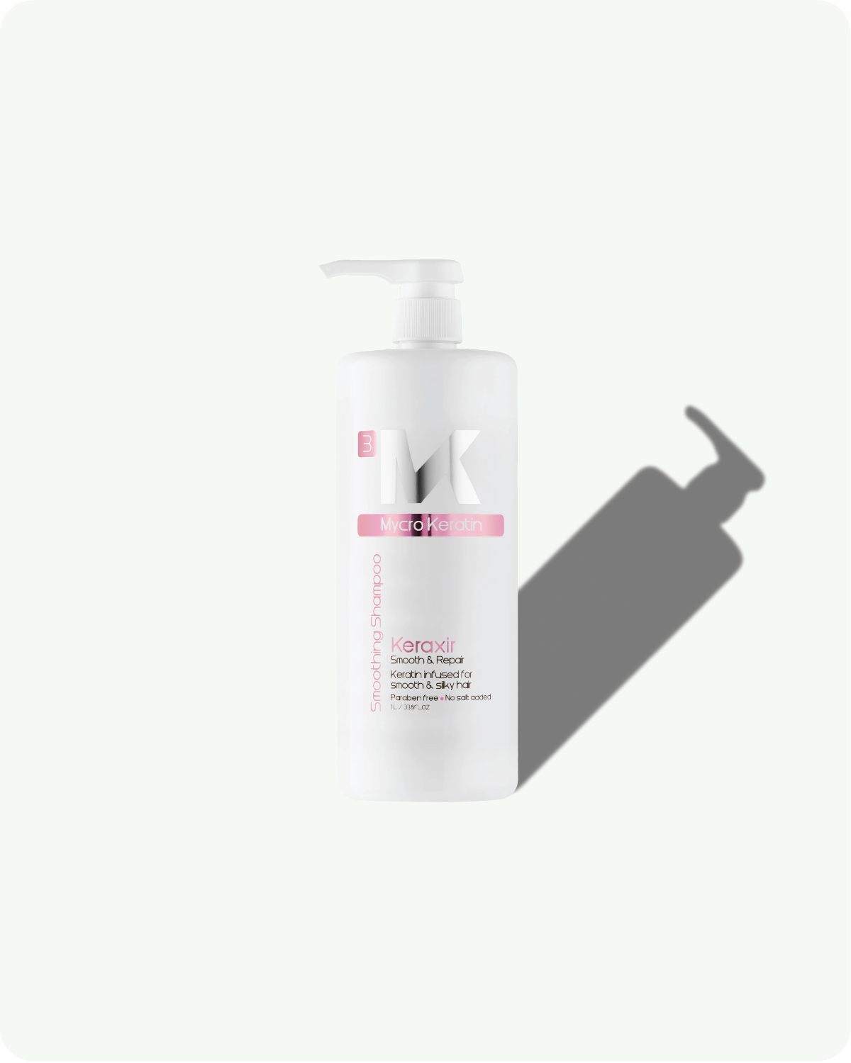 keraxir smoothing shampoo one liter bottle with pink label on a white background