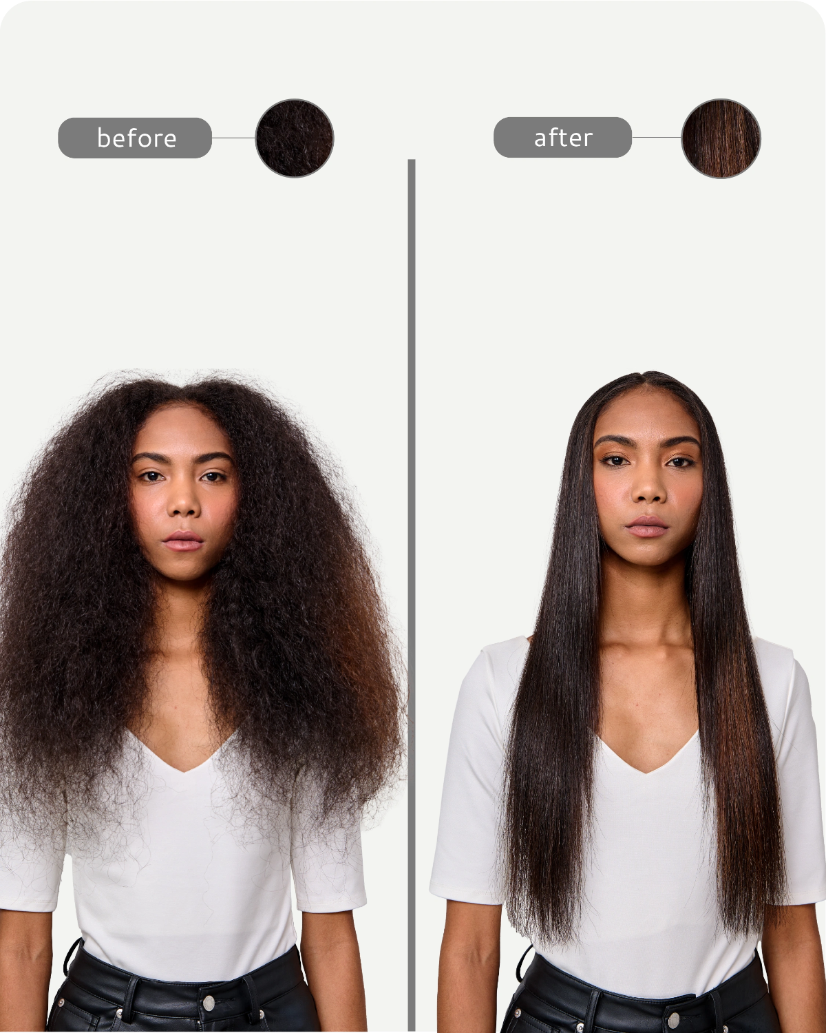 Before and after comparison of a person with straightened hair on a white background