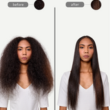 Before and after comparison of a person with straightened hair on a white background