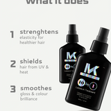 Two bottles of MK Leave-in Treatment with text highlighting its benefits on a white background.