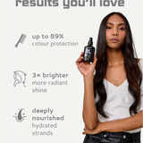 Woman holding a hair care product with text about hair care benefits on a white background