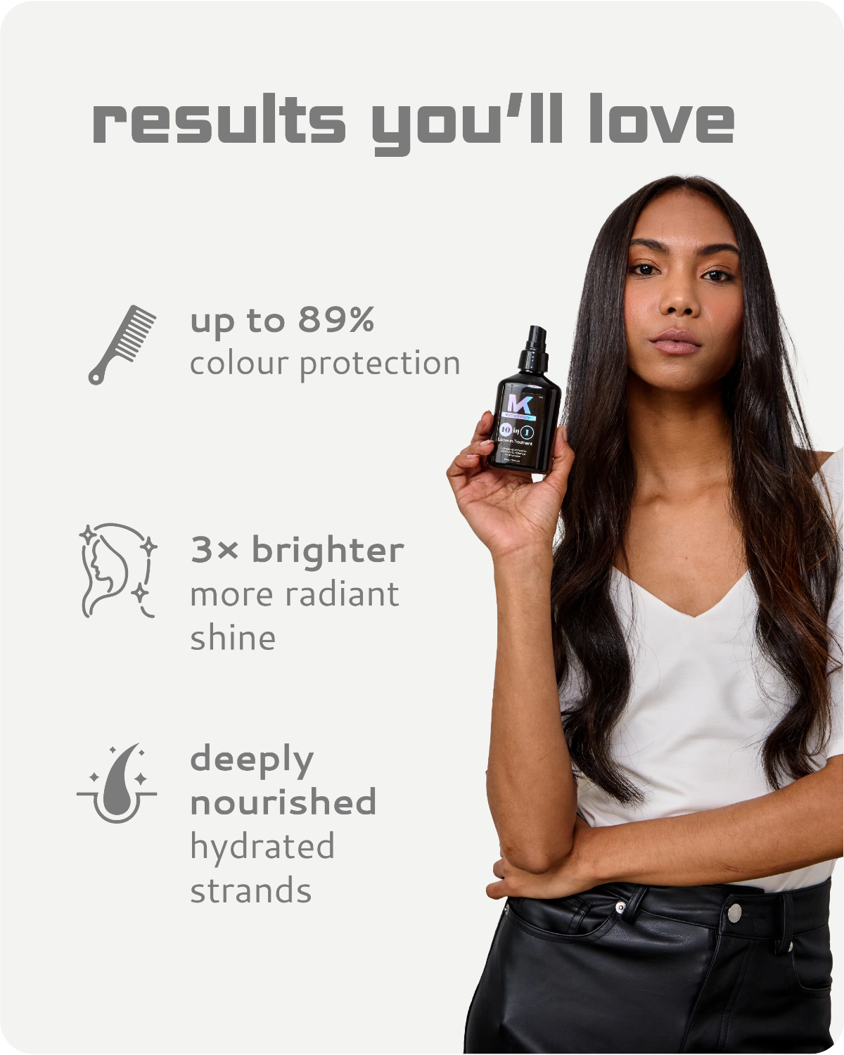 Woman holding a hair care product with text about hair care benefits on a white background
