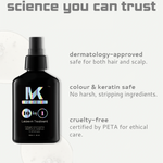 Black bottle of leave-in treatment with MK logo on a light gray background