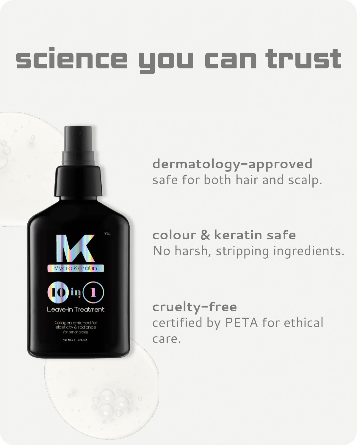 Black bottle of leave-in treatment with MK logo on a light gray background