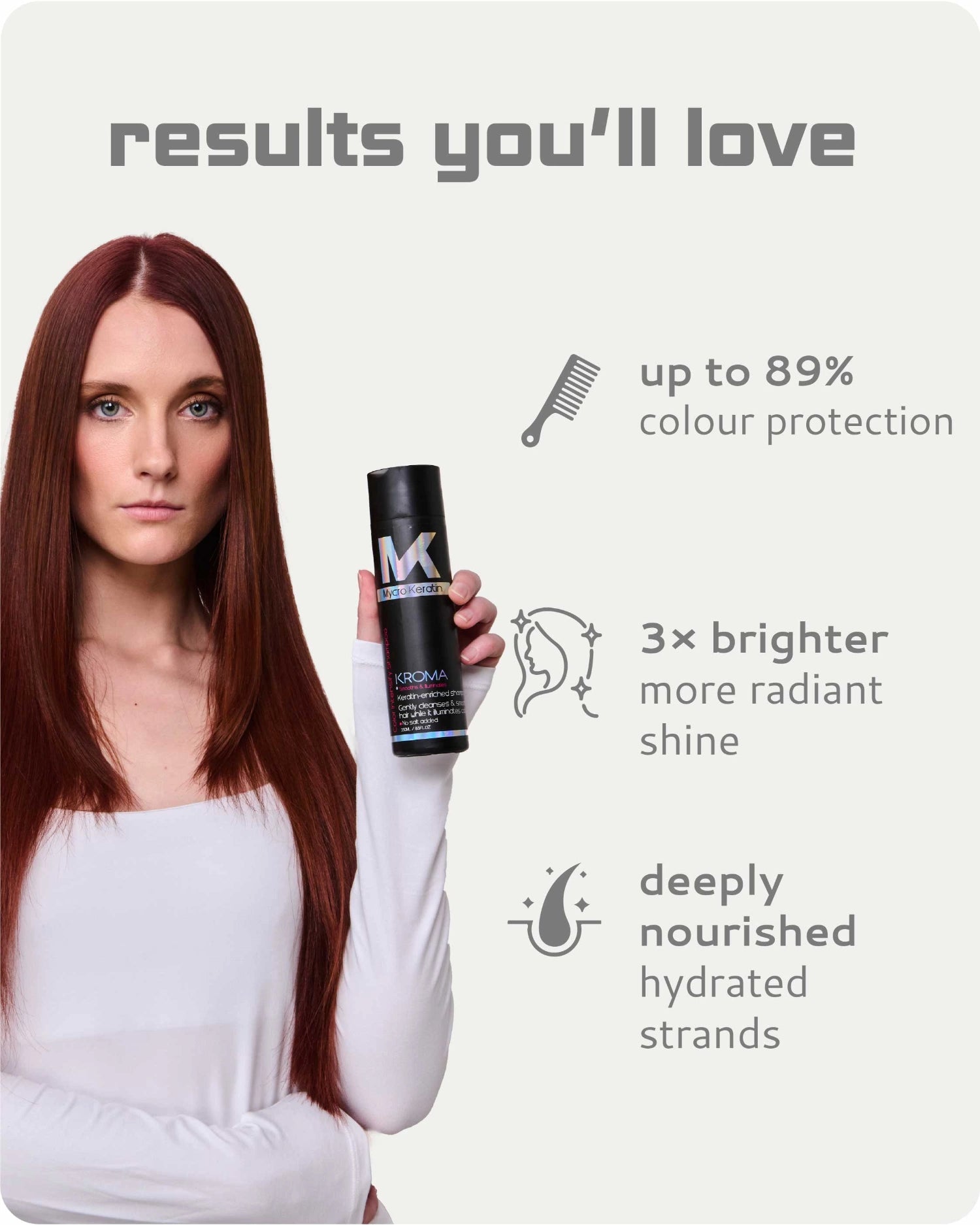 A promotional graphic for a hair product showing a woman with long red hair holding a black bottle. Text on the image reads 'results you'll love' with icons and claims about color protection, shine, and hydration.
