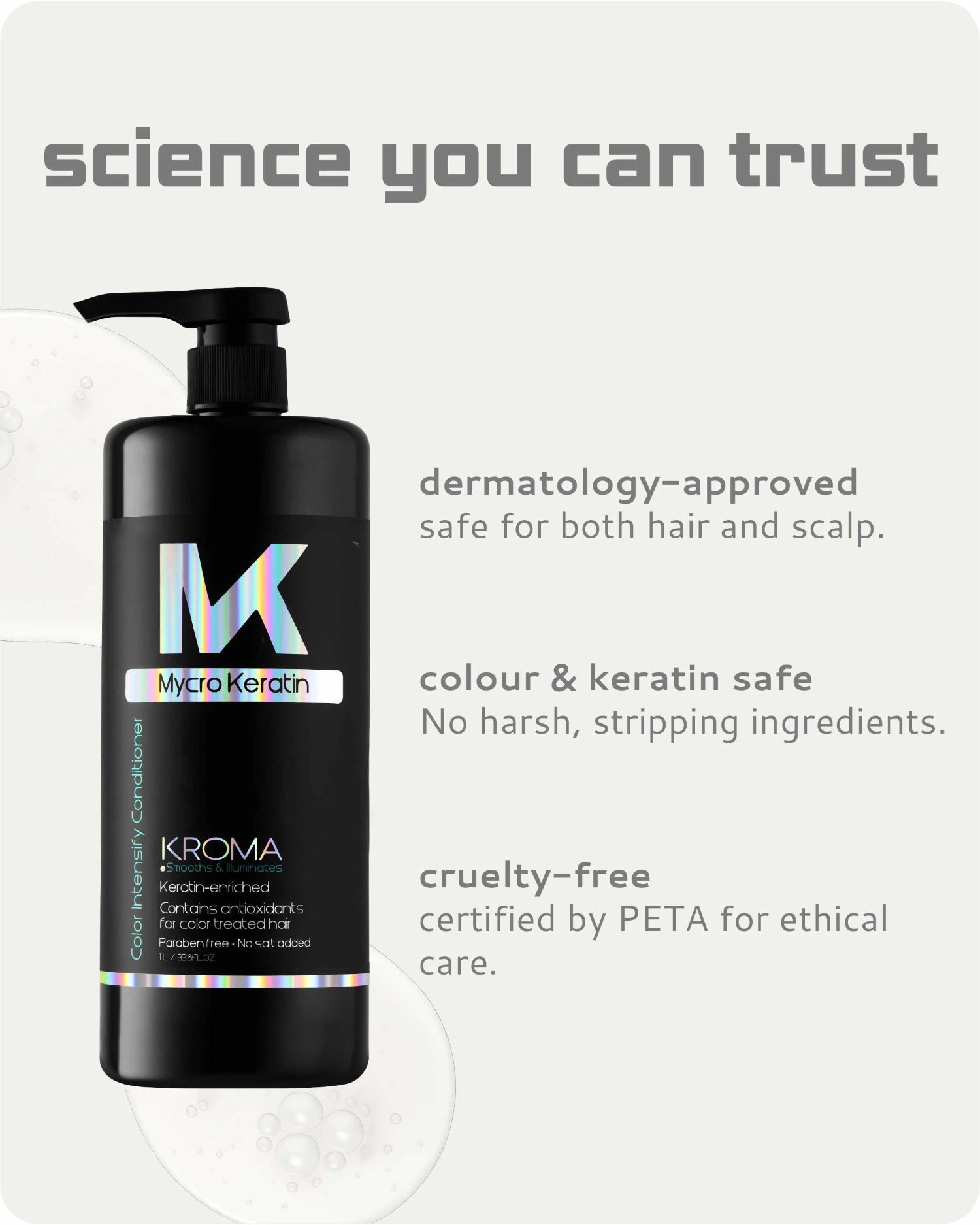 A bottle of Mycro Keratin Kroma hair conditioner on a light gray background with marketing text highlighting dermatology approval, safety for hair and scalp, and cruelty-free certification.