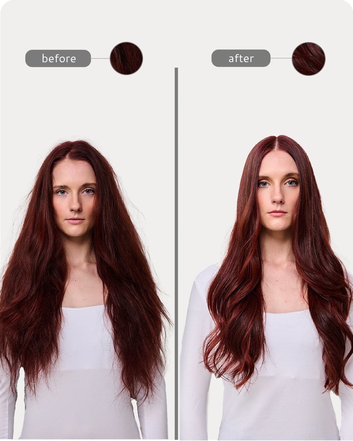 Before and after comparison of hair color change on a person with long, straight hair.