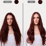Before and after comparison of hair color change on a person with long, straight hair.