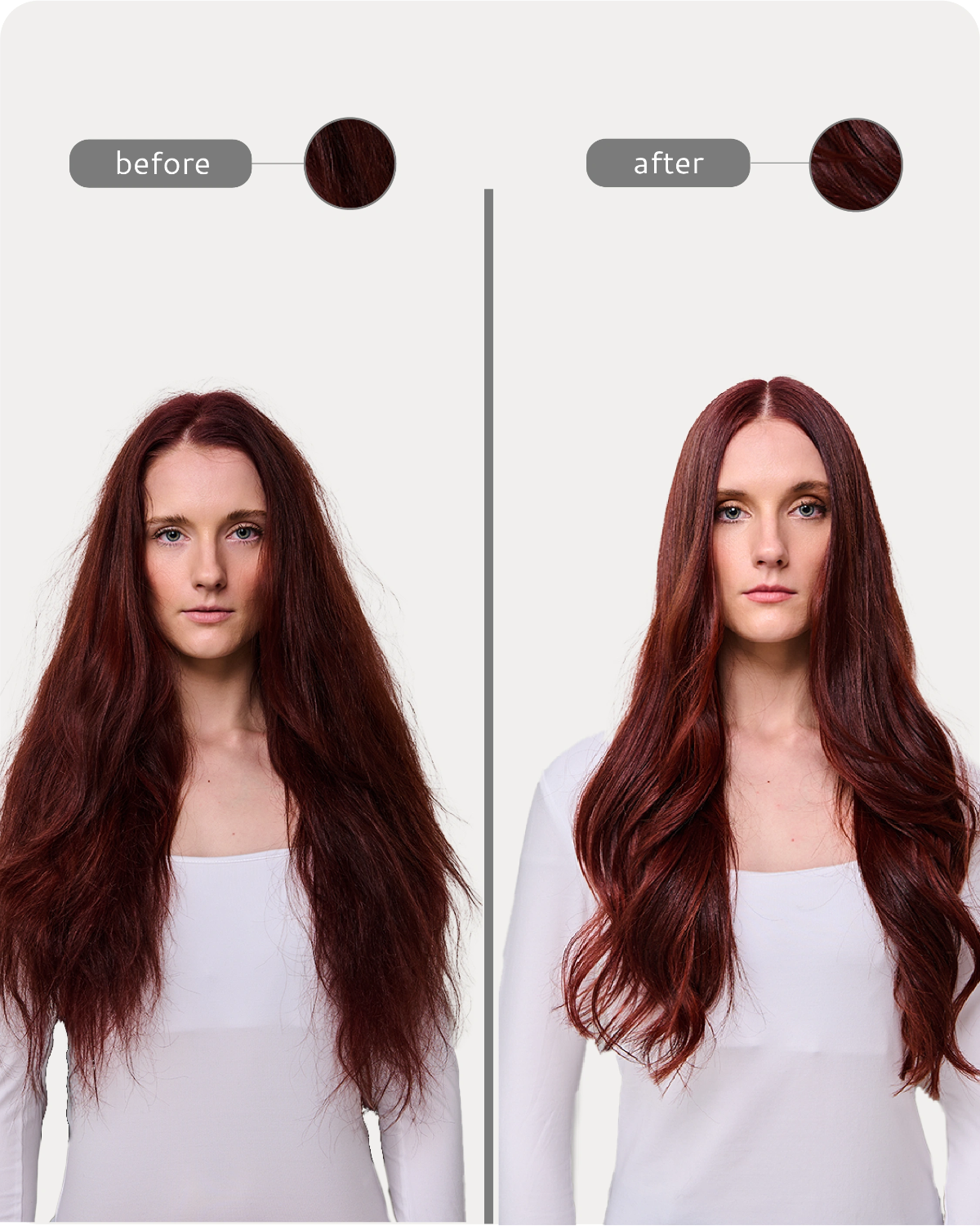 Before and after comparison of a person with red hair, showing a hair texture change.