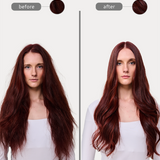 Before and after comparison of a person with red hair, showing a hair texture change.