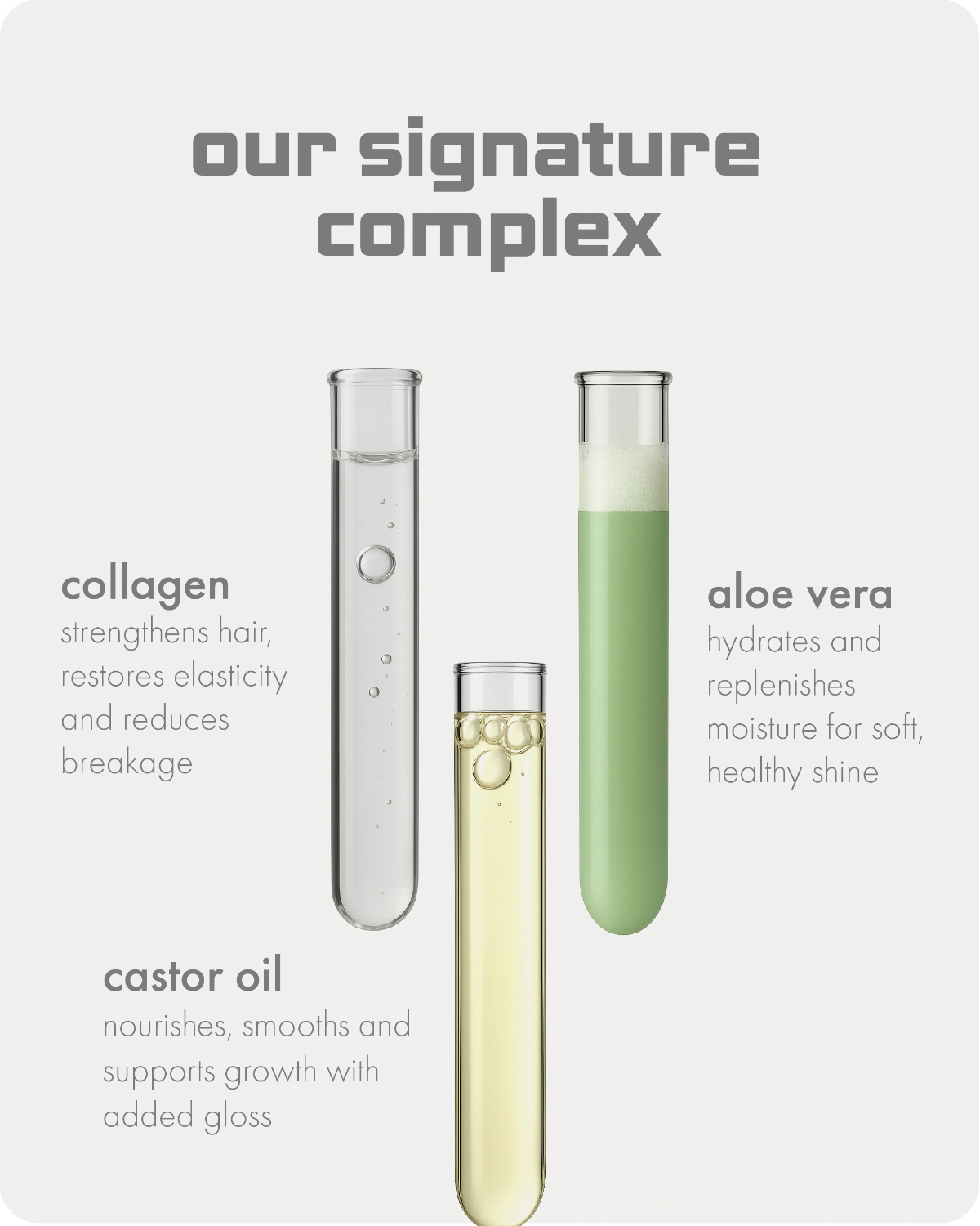 Three test tubes with different liquids labeled 'collagen', 'aloe vera', and 'castor oil' on a white background.
