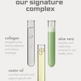 Three test tubes with different liquids labeled 'collagen', 'aloe vera', and 'castor oil' on a white background.