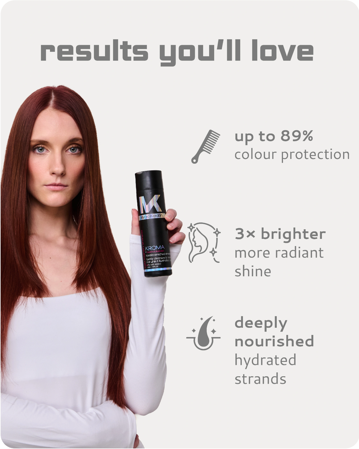 Woman holding a hair care product with text highlighting product benefits on a white background