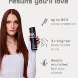 Woman holding a hair care product with text highlighting product benefits on a white background