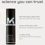 Kroma hair care product with branding and features listed on a light gray background