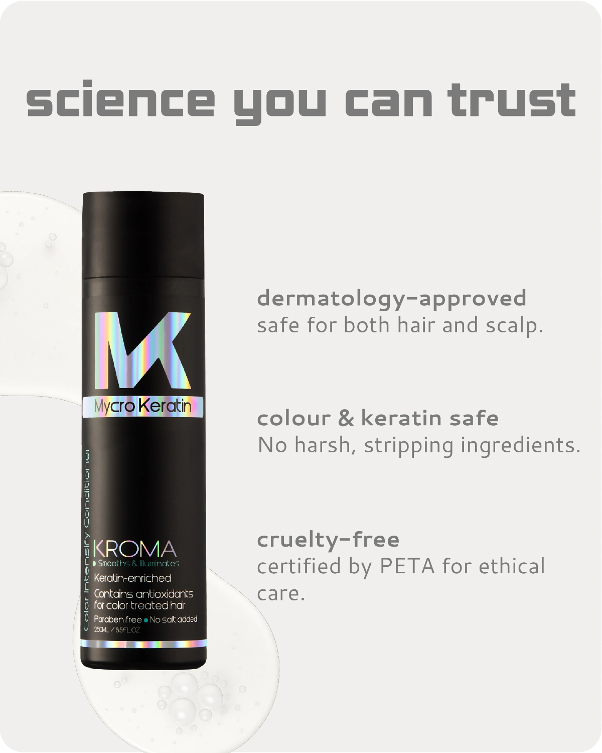 Kroma hair care product with branding and features listed on a light gray background