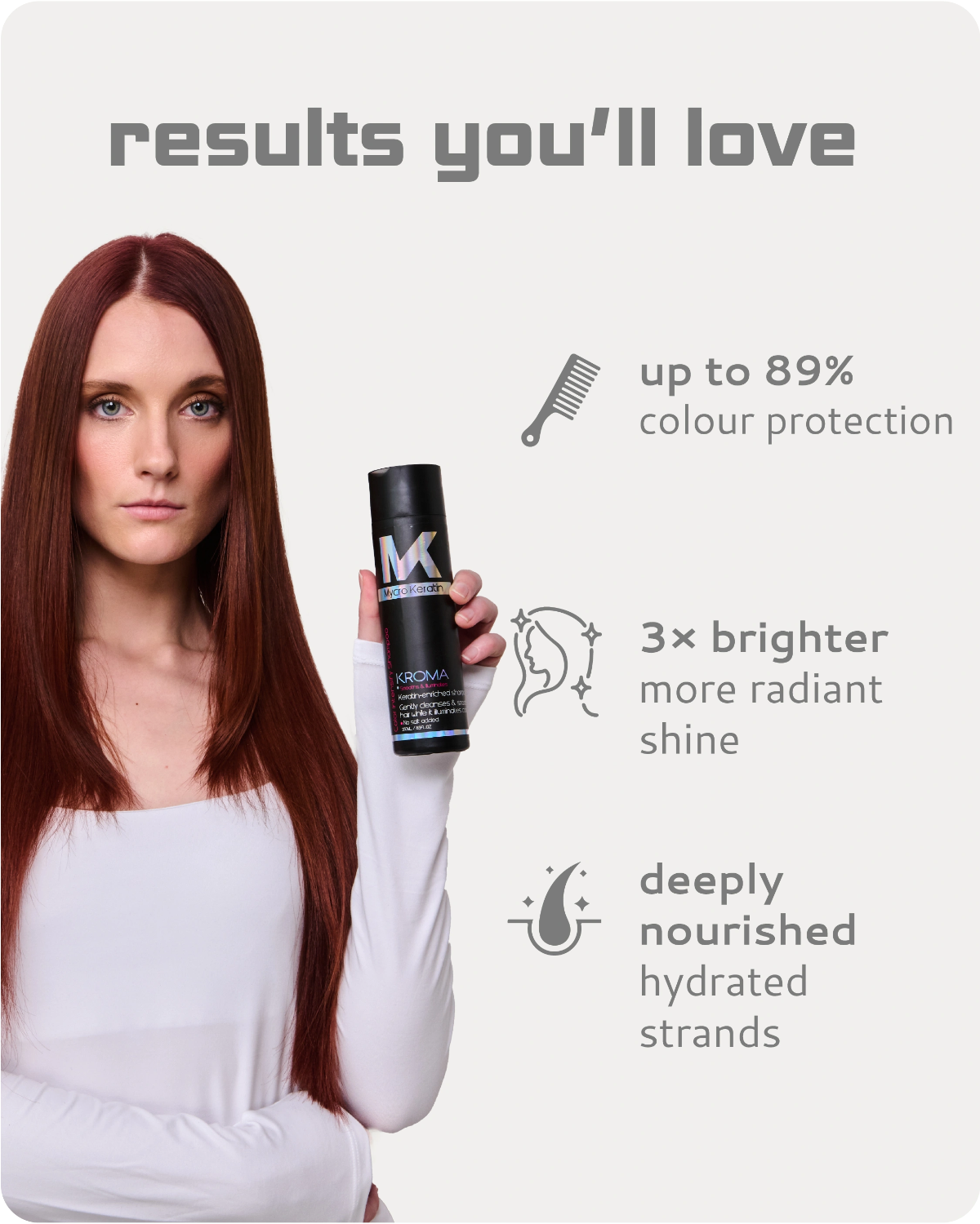 beautiful woman holding kroma shampoo, text with all the results you will love 