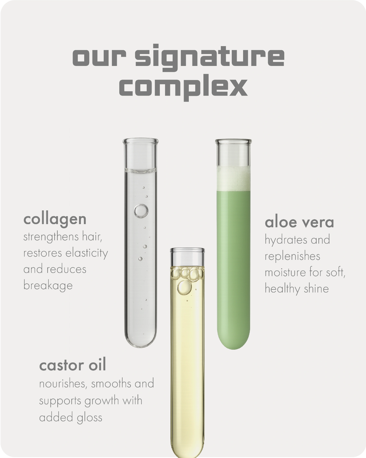 our signature complex in images, collagen, aloe vera and castor oil 