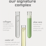 our signature complex in images, collagen, aloe vera and castor oil 