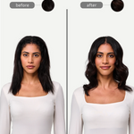 Before and after comparison of a woman with styled hair.