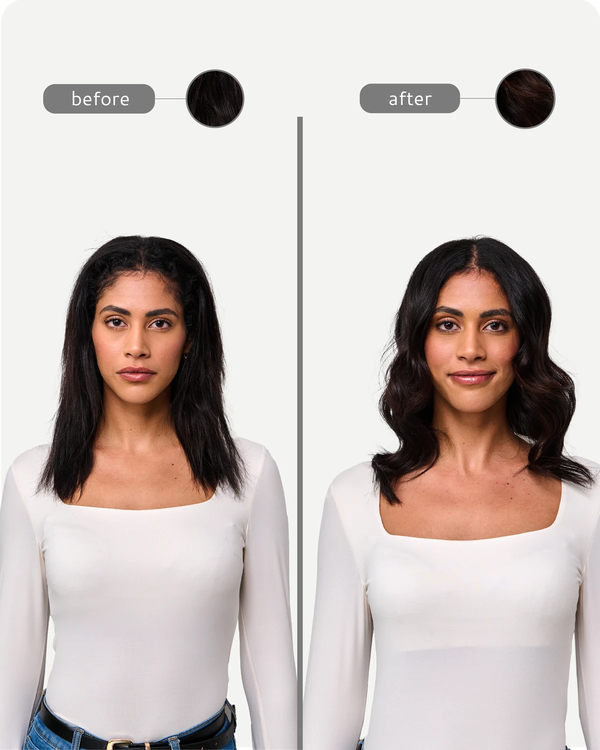 Before and after comparison of a woman with styled hair.