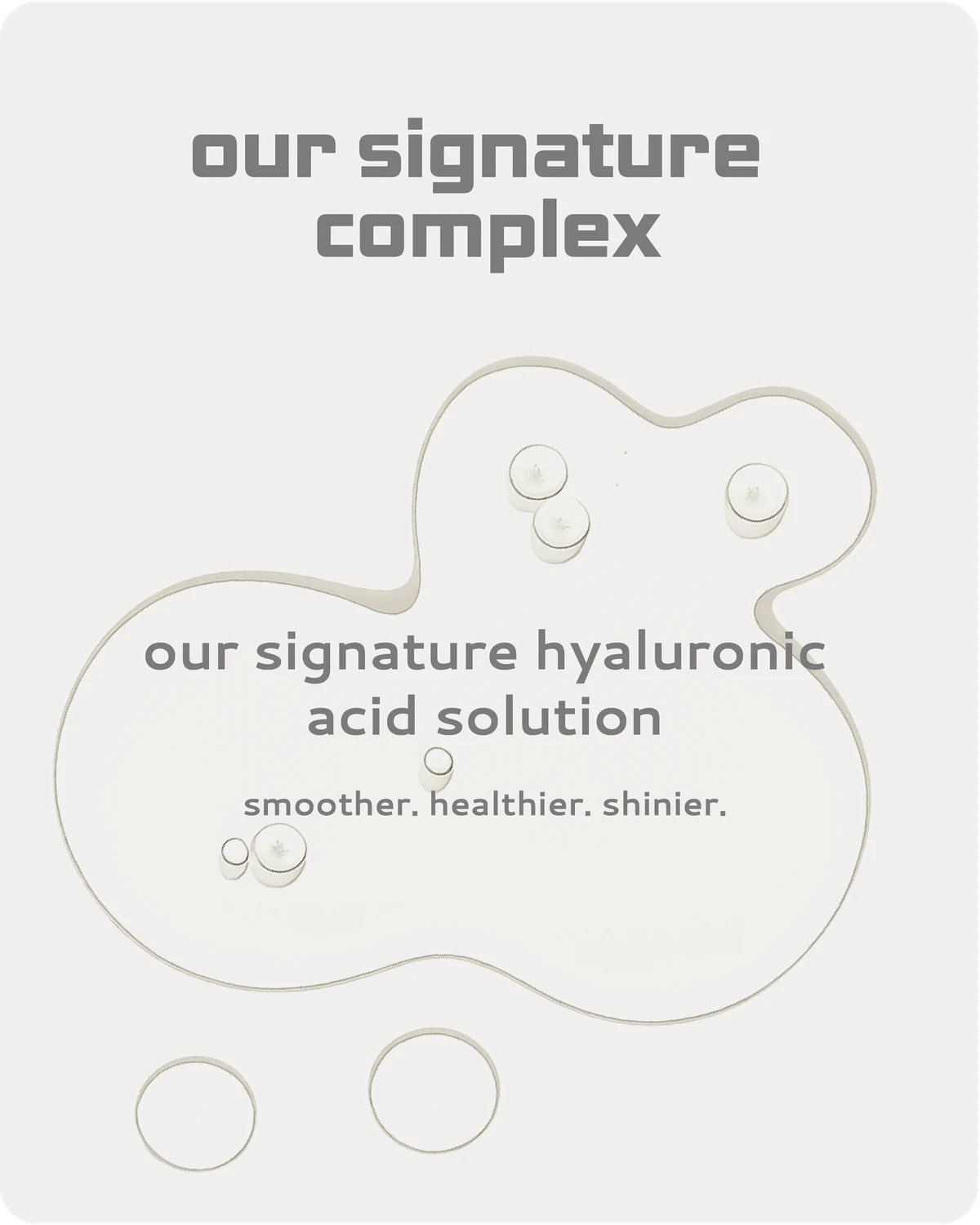 Skincare sheet mask with 'our signature complex' and 'our signature hyaluronic acid solution' text on a light gray background.