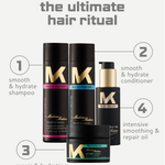 MK hair care product lineup with labeled steps for an 'ultimate hair ritual' on a white background.