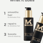 Two bottles of Myro Keratin Liquid Gold Oil with text describing their benefits on a light gray background.