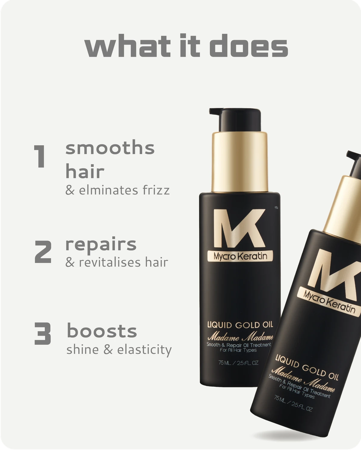 Two bottles of Myro Keratin Liquid Gold Oil with text describing their benefits on a light gray background.