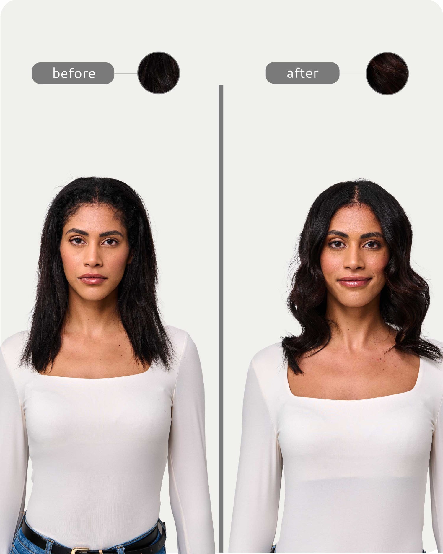 Before and after comparison of a woman wearing a white long-sleeve top, showing a wig or hairpiece application. The left side is labeled 'before' with a dark brown hair swatch above, and the right side is labeled 'after' with a fuller, darker brown wavy hair swatch above.